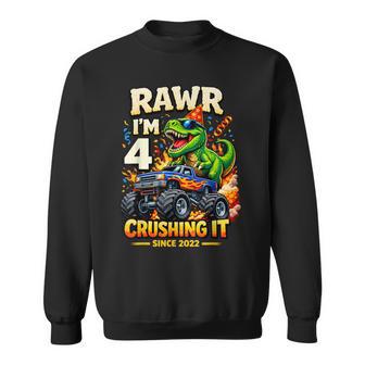 4Th Birthday Monster Truck Dinosaur 4 Years Old Birthday Boy Sweatshirt - Monsterry