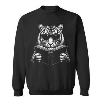Cool Tiger Wearing Sunglasses Reading Book Minimalist Reader Sweatshirt - Thegiftio UK