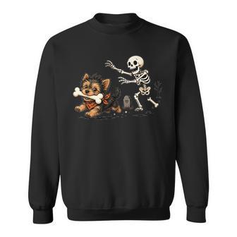 Cute Skeleton Chasing Yorkie Dog Lovers Halloween Sweatshirt | Seseable UK