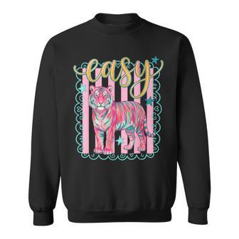 Easy Tiger Retro Pink Striped Tiger Graphic Preppy Sweatshirt - Thegiftio UK