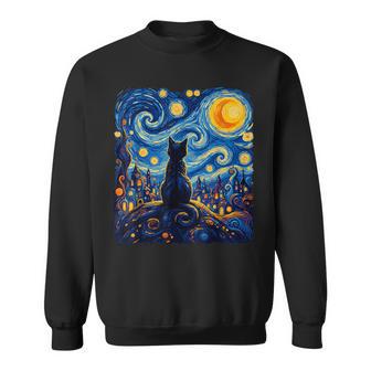 Gato Noche Estrellada Pintura Estilo Arte Gato Camisa de entrenamiento - Regaloses