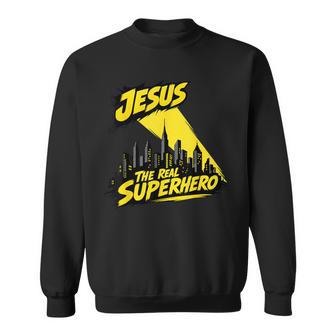 Jesus The Real Superhero Cityscape Illustration Sweatshirt - Thegiftio UK