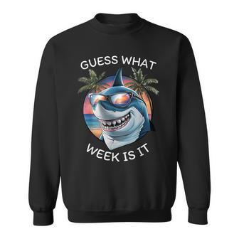Retro Shark 2025 Week Guess What Week Is It Fun Shark Lover Sweatshirt - Thegiftio UK