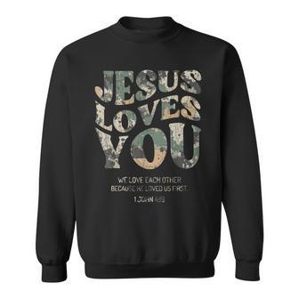 Vintage Camo Jesus Loves You Camouflage Natural Sweatshirt - Monsterry