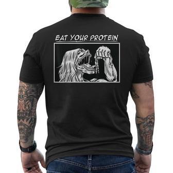 Anime Gym Workout Fitness Eat Your Protein Lustiges Manga T-Shirt mit Rückendruck - Geschenkecke