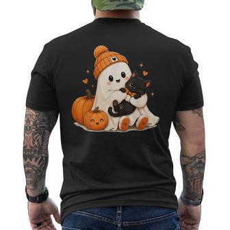 Cute Ghost Hugging Black Cat Autumn Halloween Pumpkin Men's T-shirt Back Print - Thegiftio UK