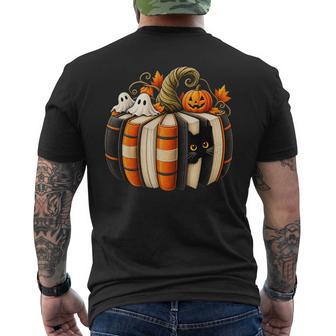 Halloween Book Lover Black Cat Ghost Pumpkin Books Reading Men's T-shirt Back Print - Thegiftio UK