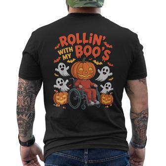 Halloween Wheelchair Pampkin Handicap Joke Rollin With Boo's Men's T-shirt Back Print - Thegiftio UK