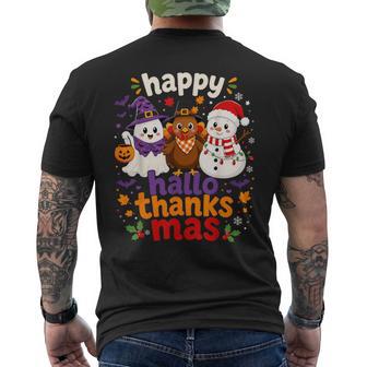 Happy Hallothanksmas Holiday Season Ghost Turkey Snowman Men's T-shirt Back Print - Thegiftio UK