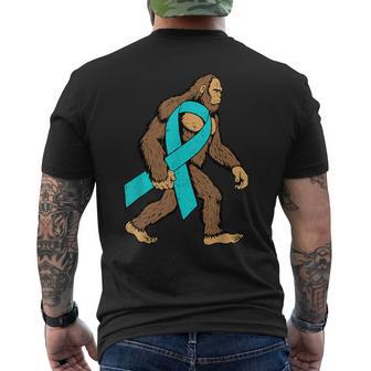 Ovarian Cancer Awareness Bigfoot Ribbon Teal Support Boy Men's T-shirt Back Print - Thegiftio UK