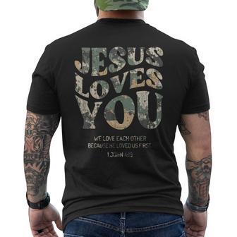 Vintage Camo Jesus Loves You Camouflage Natural Men's T-shirt Back Print - Monsterry