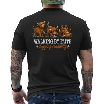 Walking By Faith Tripping Constantly Highland Cow Men's T-shirt Back Print - Thegiftio UK