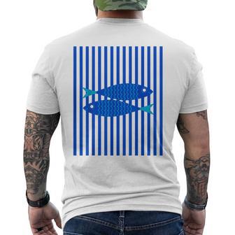 Pescador Estético Rayas Azules Blancas Con Pecesardina Camiseta Hombre Estampado Espalda - Regaloses