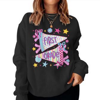 1St First Day Of First Grade Back To School Pennant Bow Girl Women Sweatshirt - Thegiftio UK