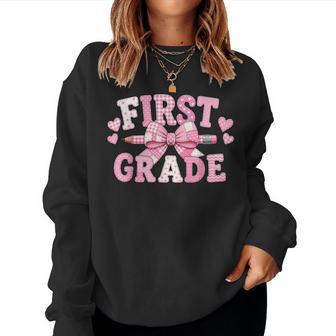 1St First Grade Back To School Pink Bow Coquette Patchwork Women Sweatshirt - Thegiftio UK