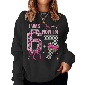 7Th Birthday Girl I Was 6 Now Im 7 Year Old 6 7 Pink Leopard Women Sweatshirt - Thegiftio UK