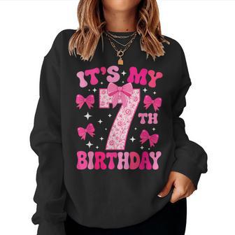 7Th Birthday Pink Bow Girls Seven Years Old It's My 7 Floral Women Sweatshirt - Thegiftio UK