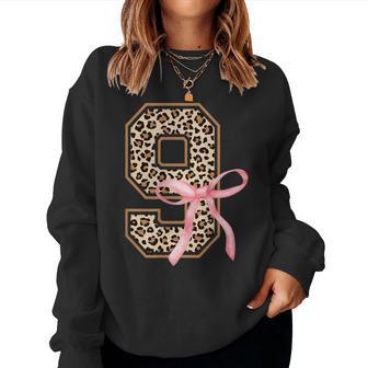 9Th Birthday Girl Pink Coquette Bow Leopard 9 Year Old Bday Women Sweatshirt - Thegiftio UK