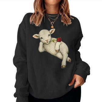 Agneau Mignon Romantique Fermier Ferme Brebis Fleur Rouge Sweat-shirt pour femme - Cadeauxyz
