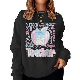 Back To School Teacher Teach Love Inspire Coquette Bow Girls Women Sweatshirt - Thegiftio UK