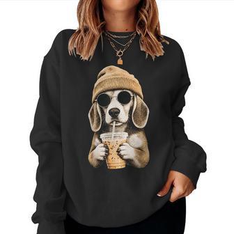 Beagle Hipster Drinking Iced Coffee Sunglasses Beanie Women Sweatshirt - Thegiftio UK