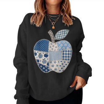 Blue Patchwork Preppy Apples Back To School Teacher Student Women Sweatshirt - Thegiftio UK