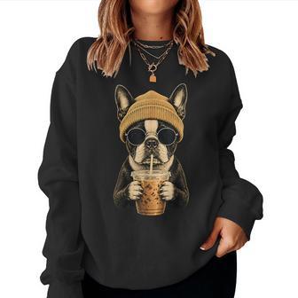 Boston Terrier Hipster Dog Drinking Iced Coffee Sunglasses Women Sweatshirt - Thegiftio UK