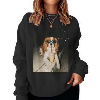 Cavalier King Charles Spaniel Drinking Iced Coffee Dog Lover Women Sweatshirt | Seseable UK