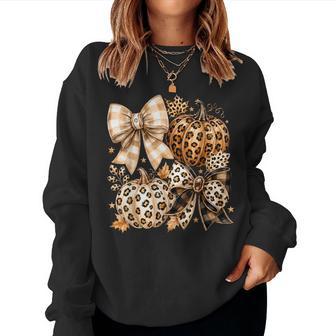 Coquette Bow Leopard Pumpkin Thanksgiving Autumn Fall Leaves Women Sweatshirt - Thegiftio UK
