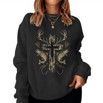 Cross Camo Fishing Hunting Christian Faith Hunter Fisherman Women Sweatshirt | Seseable UK