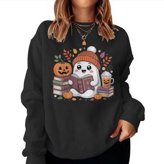 Cute Ghost Reading Book Lover Halloween Ghost Coffee Pumpkin Women Sweatshirt - Thegiftio UK