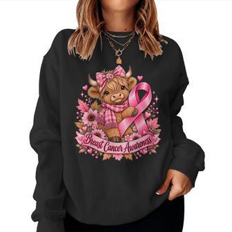 Cute Highland Cow Breast Cancer Awareness Pink Ribbon Fall Women Sweatshirt - Thegiftio UK
