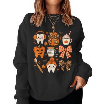 Fall Dentist Halloween Tooth Pumpkin Bow Dental Hygienist Women Sweatshirt - Thegiftio UK
