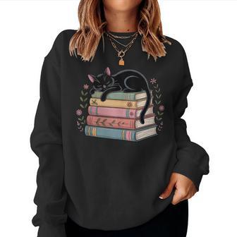 Floral Black Cat Sleeping On Books Women Sweatshirt - Thegiftio UK