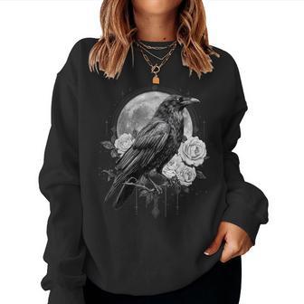Floral Black Raven Full Moon Gothic Crow Bird Roses Mystical Women Sweatshirt - Thegiftio UK