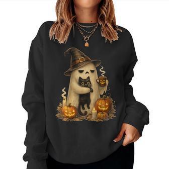 Ghost Holding Black Cat Witch Halloween Coffee Cat Lover Women Sweatshirt - Thegiftio UK