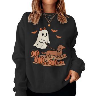 Ghost Walking Long Haired Dachshund Dog Halloween Doxie Mama Women Sweatshirt - Thegiftio UK