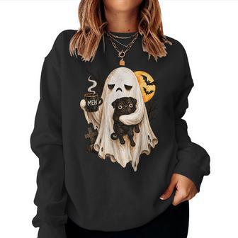 Grumpy Ghost Holding Black Pug Dog Coffee Cup Halloween Women Sweatshirt - Thegiftio UK