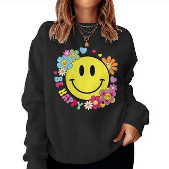 Be Happy Yellow Smile Face Hippie Smiling Face Groovy Retro Women Sweatshirt - Thegiftio UK