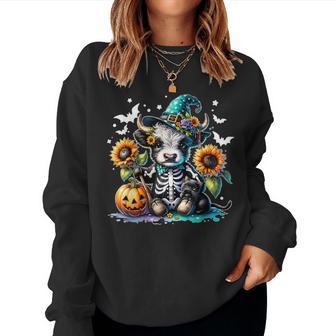 Highland Cow Witch Skeleton Halloween Sunflower Pumpkin Fall Women Sweatshirt - Thegiftio UK