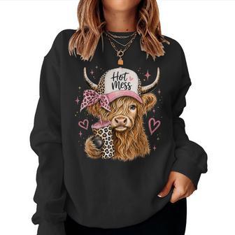 Hot Mess Leopard Highland Cow Coffee Farm Animal Lover Women Sweatshirt | Seseable UK