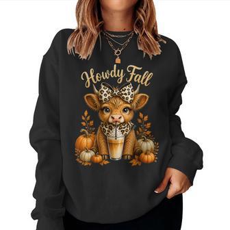 Howdy Fall Highland Cow Leopard Bow Autumn Pumpkin Spice Women Sweatshirt - Thegiftio UK