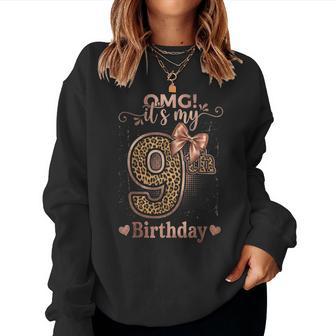 It's My 9Th Birthday Girl Coquette Bow 9 Year Old Leopard Women Sweatshirt - Thegiftio UK