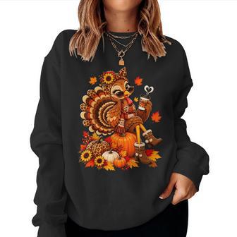 Leopard Turkey Drinking Coffee Lover Thanksgiving Women Sweatshirt - Thegiftio UK