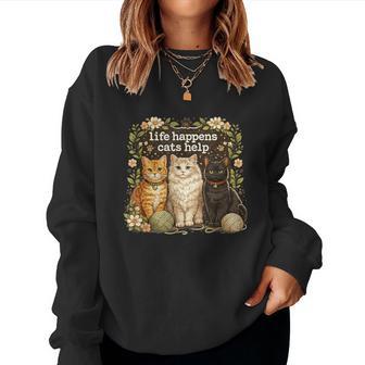 Life Happens Cats Help Cat Lover Coffee Cats Women Sweatshirt - Thegiftio UK