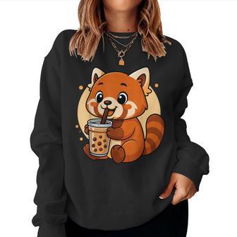 Lindo Panda Rojo Kawaii Anime Bebiendo Té Burbuja Niña Niños Sudadera Mujer - Regaloses