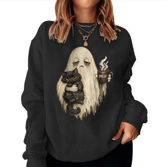Meh Ghost Holding Black Cat Coffee Vintage Halloween Spooky Women Sweatshirt - Thegiftio UK