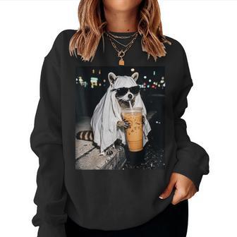Meme Raccoon Ghost Sunglasses Drinking Iced Coffee Halloween Women Sweatshirt - Thegiftio UK