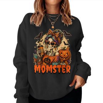 Momster Skeleton Halloween Coffee Mom Messy Bun Women Sweatshirt - Thegiftio UK