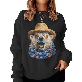 Ours Polaire Mignon Avec Lunettes Deoleil Et Chapeau De Paille Animal Été Sweat-shirt pour femme - Cadeauxyz